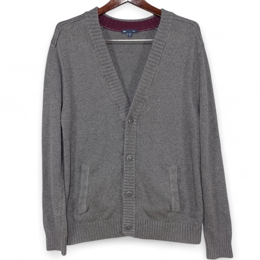 GAP‎ Men's Dark Heather Grey Cardigan L Classic Knit Button Sweater Winter Layer